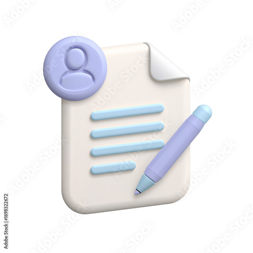 Stylized Document with User Profile Icon and Floating Pen on Transparent Surface