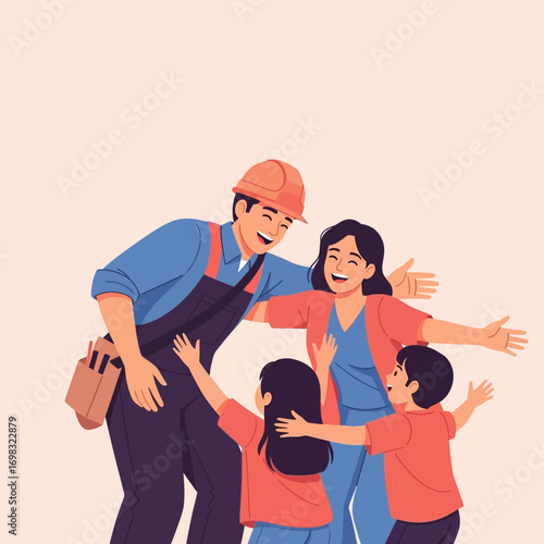 Joyful family reunion as a construction worker returns home to his loving wife and children