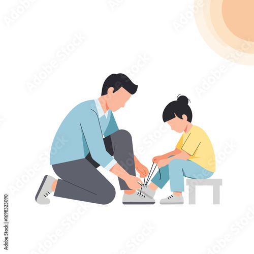 A caring father kneeling to help his young daughter tie her shoelaces