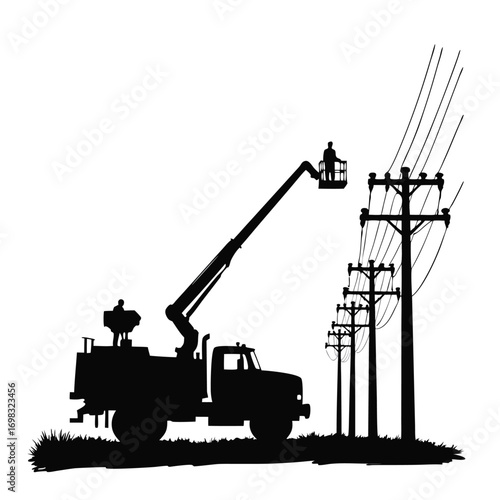 Lineman working on utility pole with bucket truck Keywords: lineman, electrician, utility worker