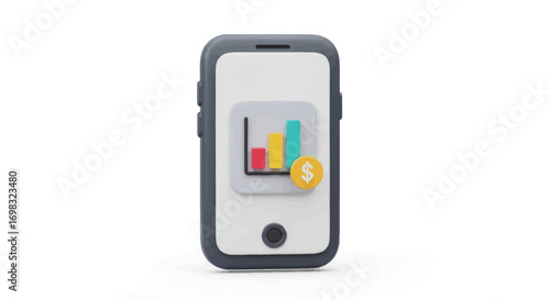3D Smartphone with Financial Bar Chart and Coin Icon for Business Analytics.