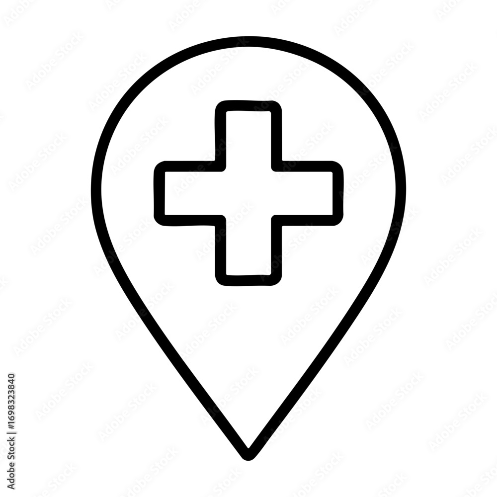 Obraz premium Outline of a medical location pin with a plus sign indicating healthcare access point