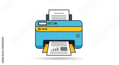 Cartoon Illustration of a Blue and Yellow Printer Printing Documents.