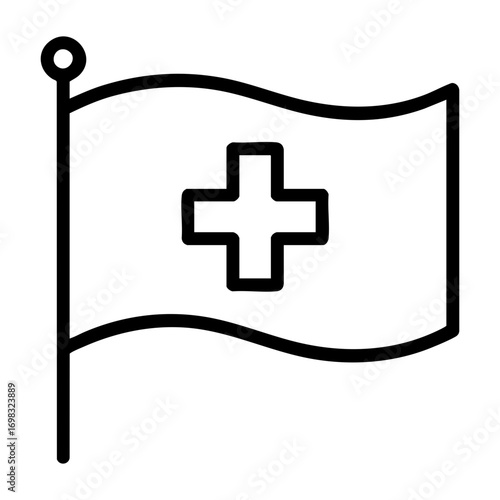 Illustration of a white flag with a black cross in the center on a black pole line art