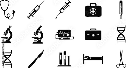 Medical icons collection with stethoscope, syringe, microscope, first aid kit, thermometer, DNA helix, scalpel, test tubes, hospital bed, surgical scissors.