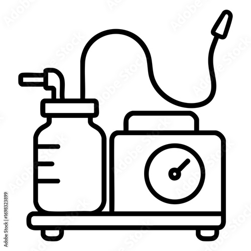 Outline drawing of a medical suction device with a bottle and pressure gauge unit