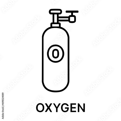 Illustration of an oxygen tank with a valve and the word oxygen written below it