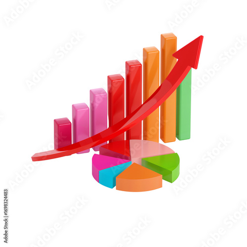 Vibrant financial growth visualization with ascending bar graph and multi-colored pie chart