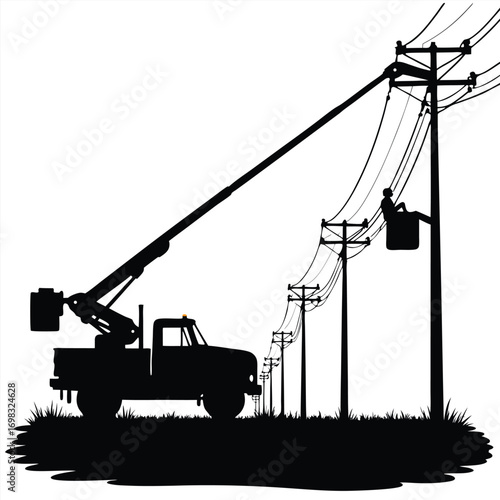 Silhouette of bucket truck and linemen on power lines Keywords: silhouette, bucket truck, utility