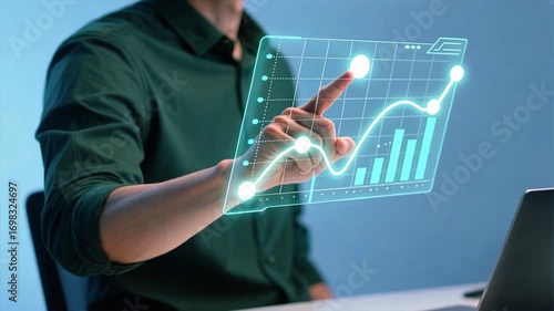 A businessman hand pointing at glowing curved graphs and nodes with text data growth analytics, conversion rate optimization technology, cro, lead generation