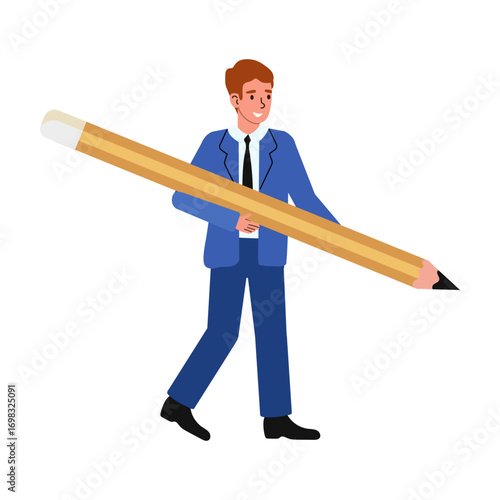 Man in a suit humorously carries an oversized pencil while walking in a modern office setting during the daytime