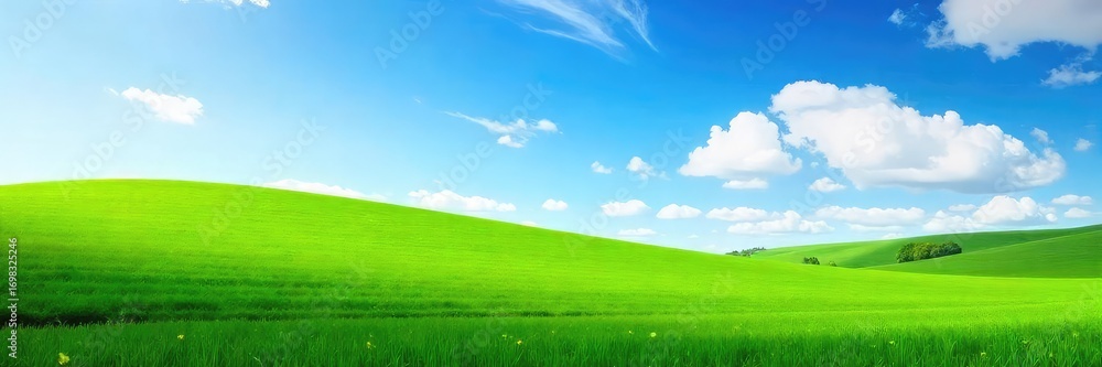 Obraz premium A lush green field stretches to a vibrant blue sky, symbolizing new beginnings and growth, perfect for concepts of rebirth and fresh starts , environment, sky, pastoral