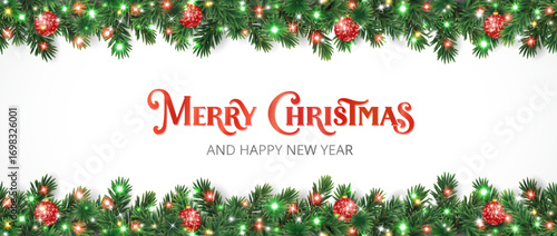 Christmas holiday background. Christmas tree frame. Red ornaments and colorful Christmas lights. Glitter decoration. Merry Christmas lettering. For winter holiday headers, banners, party posters.
