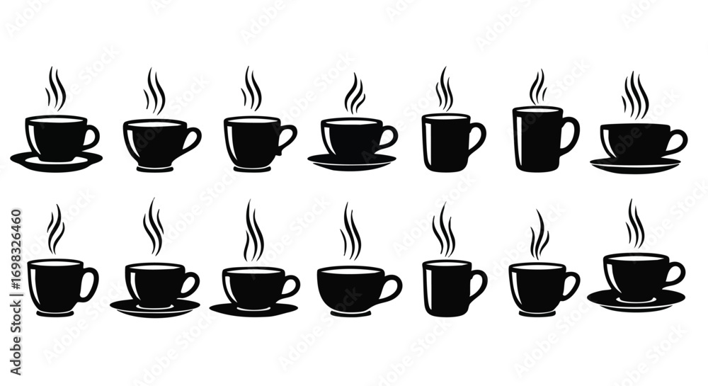 Obraz premium Coffee cup collection with steaming hot beverages for menu design and coffee shop branding projects