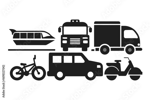 Transportation icons set vehicles bicycle monorail truck van scooter bus