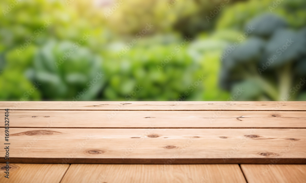 Fototapeta premium Vegetable garden with fresh green plants and empty wooden table in front, organic farming background for food, eco, and product design.