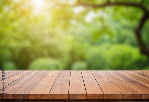 Vegetable garden with fresh green plants and empty wooden table in front, organic farming background for food, eco, and product design.