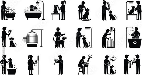 Pet grooming silhouette icons, dog cat bird care, pet bath, brushing, trimming, grooming tools, animal care, pet salon, veterinary grooming