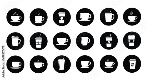 Coffee cup icons in black circles: Perfect for cafe branding, menus, and design projects