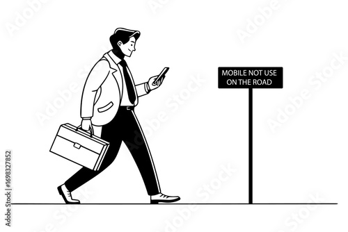 PUBILE MESSAGE MOBILE NOT USE ON THE ROAD SILHOUETTE, man carrying bag and using mobile phone walking on the road,