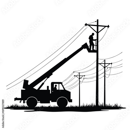 Silhouette of lineman repairing electrical wires from lift Keywords: lineman, electrical wires