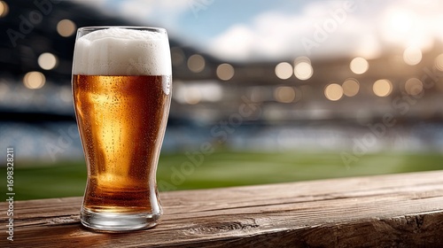 A refreshing glass of beer stands out in the foreground, as a vibrant football stadium buzzes with energy and excitement behind it