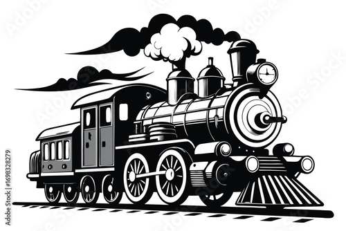 Vintage steam locomotive train black and white illustration retro transportation railroad journey travel nostalgia classic engine