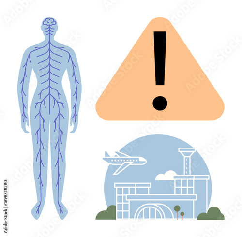 Human nervous system diagram, orange alert sign, modern airport with airplane. Ideal for health, safety, travel, warning, medical education transport lifestyle concepts. Simple flat metaphor