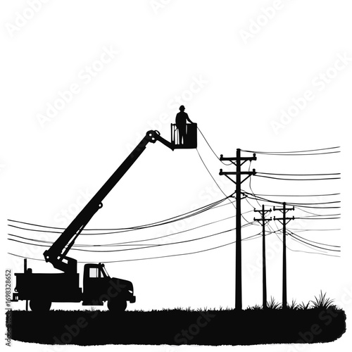 Silhouette of lineman with bucket truck and power lines Keywords: lineman, bucket truck, power