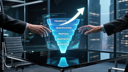 A businesswomen at glass table using glowing cro funnel with sales stages and upward arrow, conversion rate optimization technology, cro, lead generation