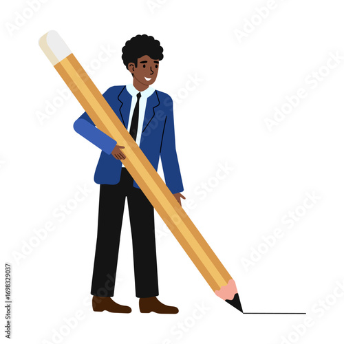 Person holding a giant pencil drawing on a surface with a playful expression and casual attire