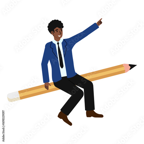 Illustration of a cheerful man in a suit sitting on a giant pencil while pointing upward in a creative setting