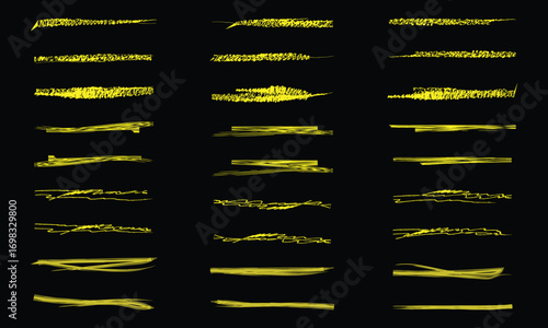Yellow highlighter elements big set, hand drawn marker stripe. Underline, colorful text mark. Markers brushes underline collection. Vector illustration isolated on black background