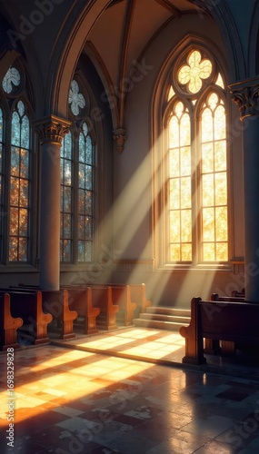 A serene depiction of a church interior  bathed in soft sunlight streaming through stained-glass windows Perfect for illustrating themes of faith  peace  and spiritual reflection   calm  candle