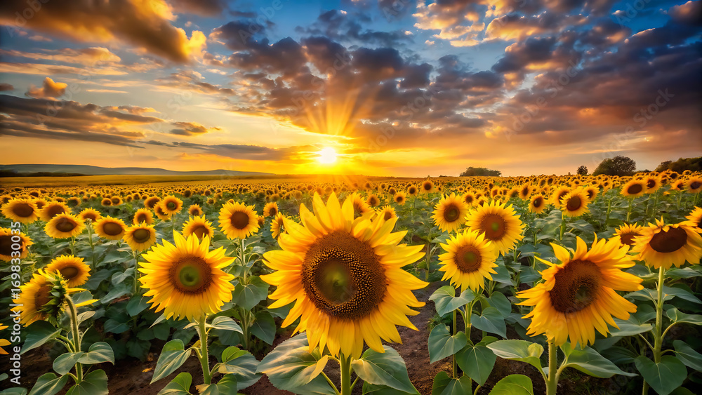 Obraz premium Yellow sunflower field at sunset summer dreamscape