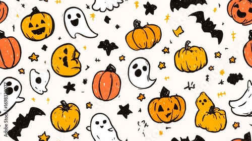 Seamless halloween pattern featuring hand-drawn pumpkins, friendly ghosts, and bats, creating a spooky and festive atmosphere