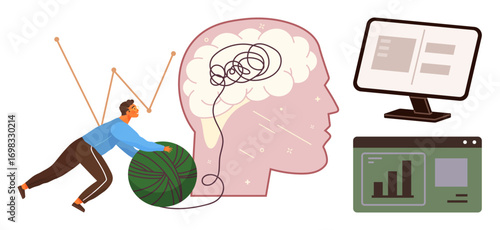 Man pushing thread ball untangling brain, representing problem-solving, beside analytics devices. Ideal for innovation, learning, creativity, strategy, technology growth focus. Simple flat metaphor