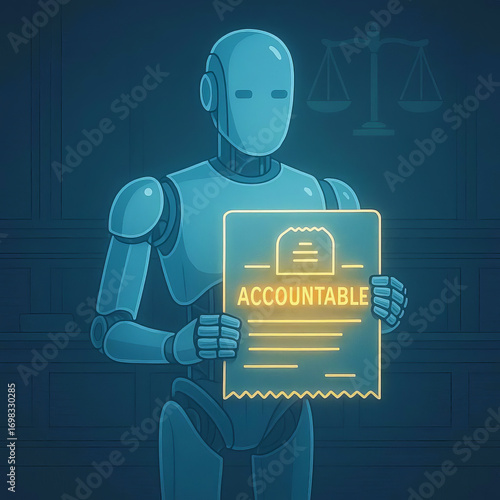 AI Accountability Concept, Robot Holding Receipt in Courtroom

