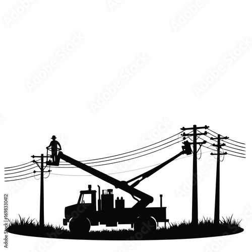 Silhouette of utility worker in bucket truck repairing power lines Keywords: utility worker