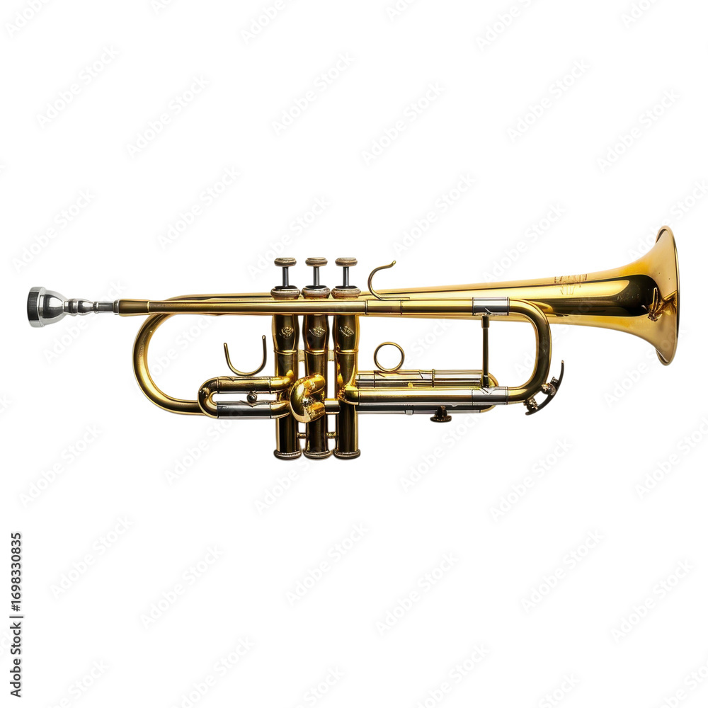 Obraz premium Golden trumpet resting on a stand, showcasing its polished design and intricate valves in a bright setting