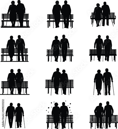 Silhouette elderly couple walking, sitting on park benches, aging together, companionship, love, support, senior people, retirement, healthy lifestyle, family bond.