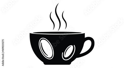 Enjoy a steaming cup of coffee presented in stylish black and white graphic art for a coffee break