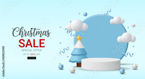 3D vector render illustration of a Christmas Sale promotion poster with a display stand, minimalist Christmas tree, clouds, and blue decorations. Suitable for advertising and marketing design.