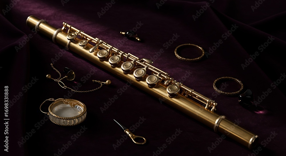 Naklejka premium Golden Flute and Jewelry on Velvet: Musical Artistry