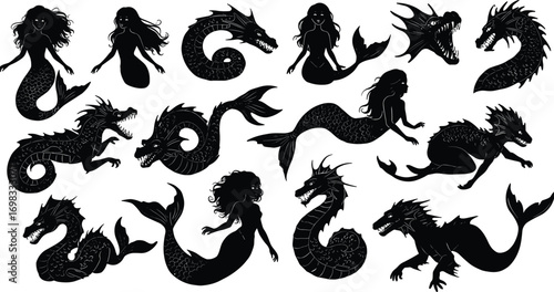 Silhouette fantasy sea creatures, mermaids and sea dragons illustration, mythical underwater beings for fantasy art, tattoo design, or storytelling visuals