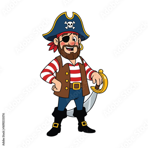 Vector illustration of a cheerful pirate captain with a beard, eyepatch, and cutlass. A fun cartoon character for adventure and seafaring concepts