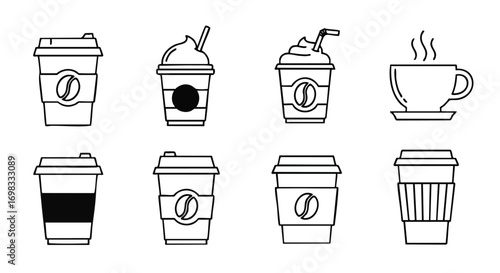 Coffee cups and mugs line art for food and beverage industry projects, cafe menu icons and restaurant designs