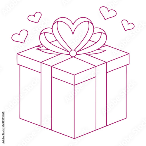 Magenta line art gift box with heart shaped bow and floating hearts present