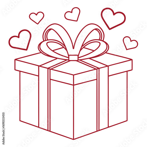 Red outline gift box with bow and floating hearts present love