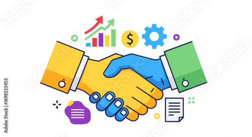 Business Partnership Handshake with Financial Growth and Gears.